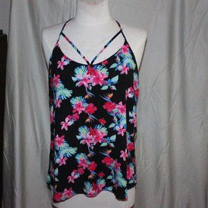 Sleeveless Blouse Black w/ pink & Blue Floral szL